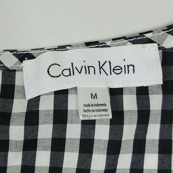 CALVIN KLEIN Women’s Black/White Gingham Bell Sleeve Blouse Keyhole Back Size M - Picture 2 of 8